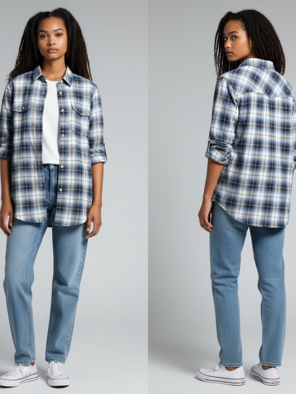 🍂 Blue, Black & White Herringbone Plaid Flannel 🍁 💙🖤